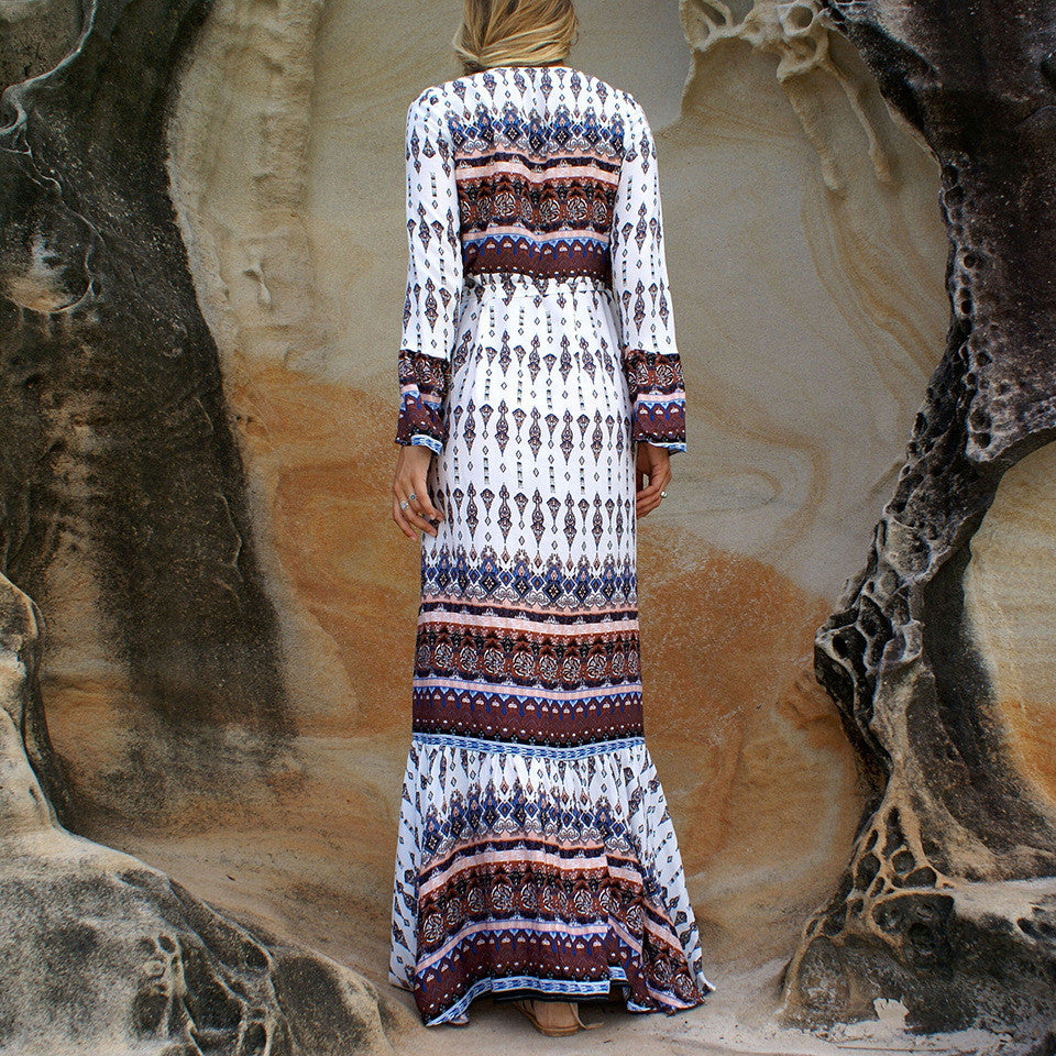V-neck Split Print Long Bohemian Dress