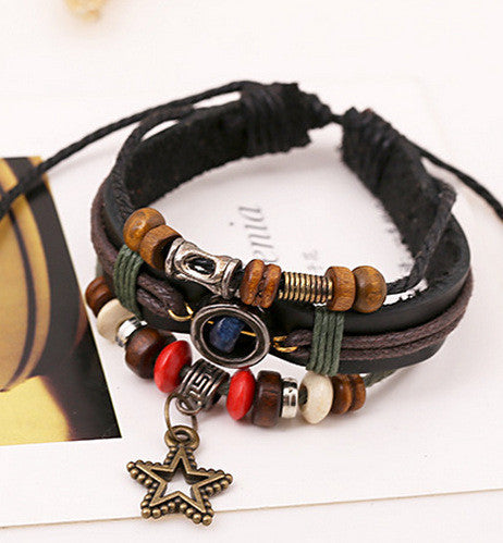 Vintage Star Pendant Beaded Leather Bracelet