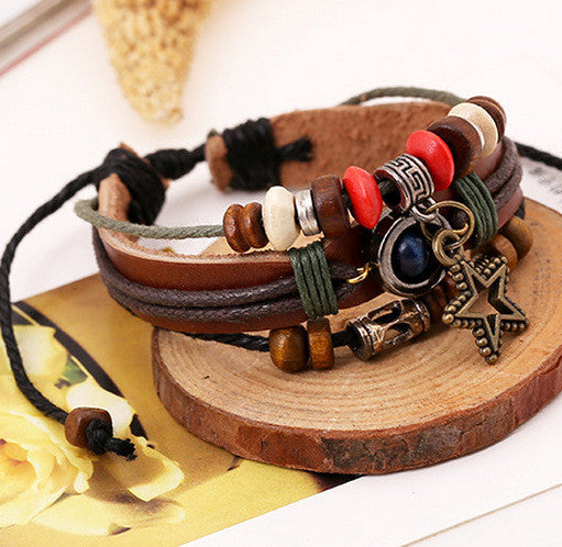 Vintage Star Pendant Beaded Leather Bracelet