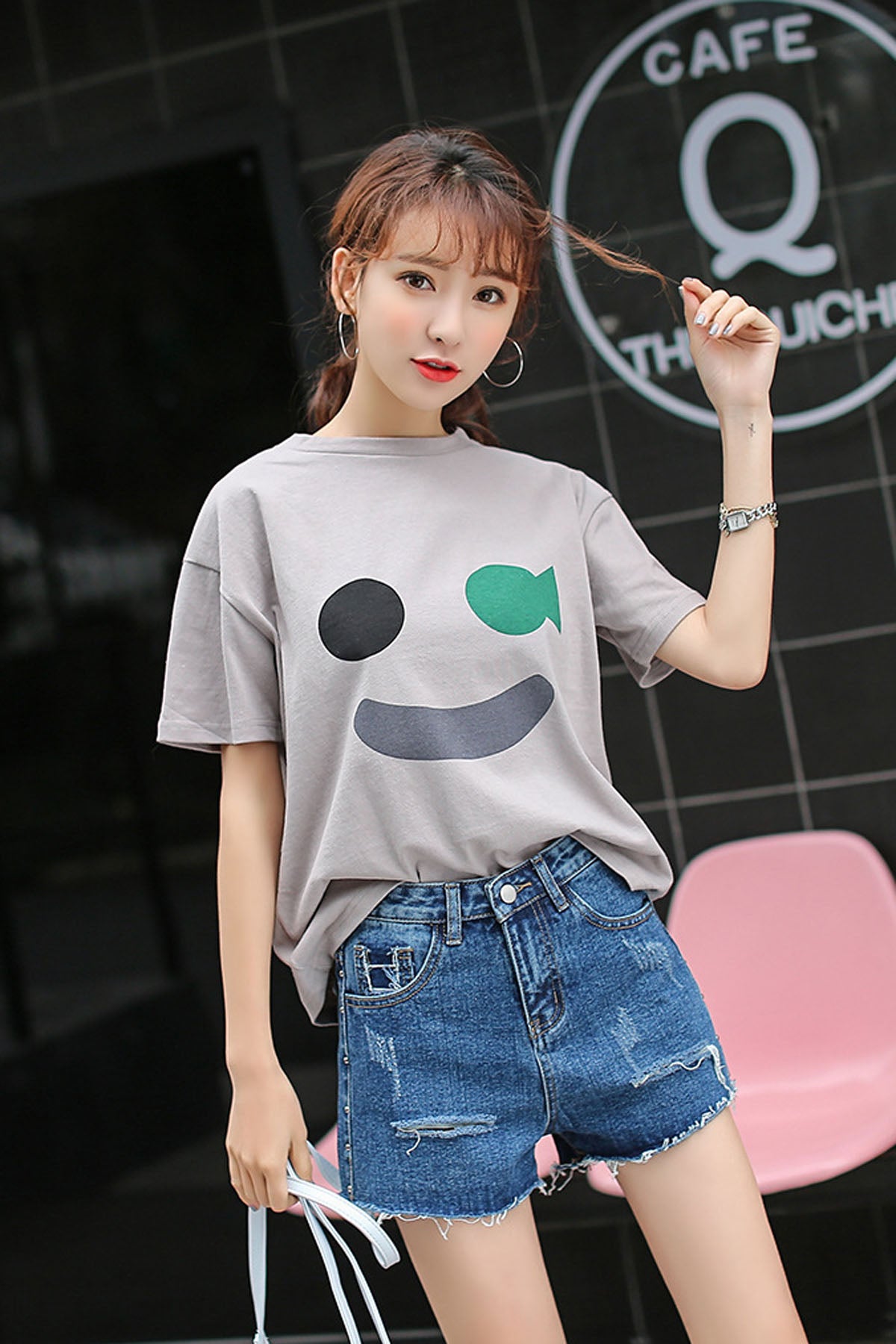Hight Waist Hole Pure Color Pockets Denim Shorts
