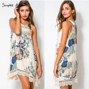 Sleeveless Irregular Print Lace O-neck Short Dress