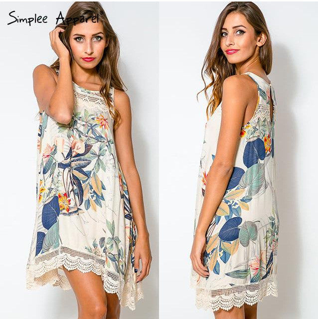 Sleeveless Irregular Print Lace O-neck Short Dress