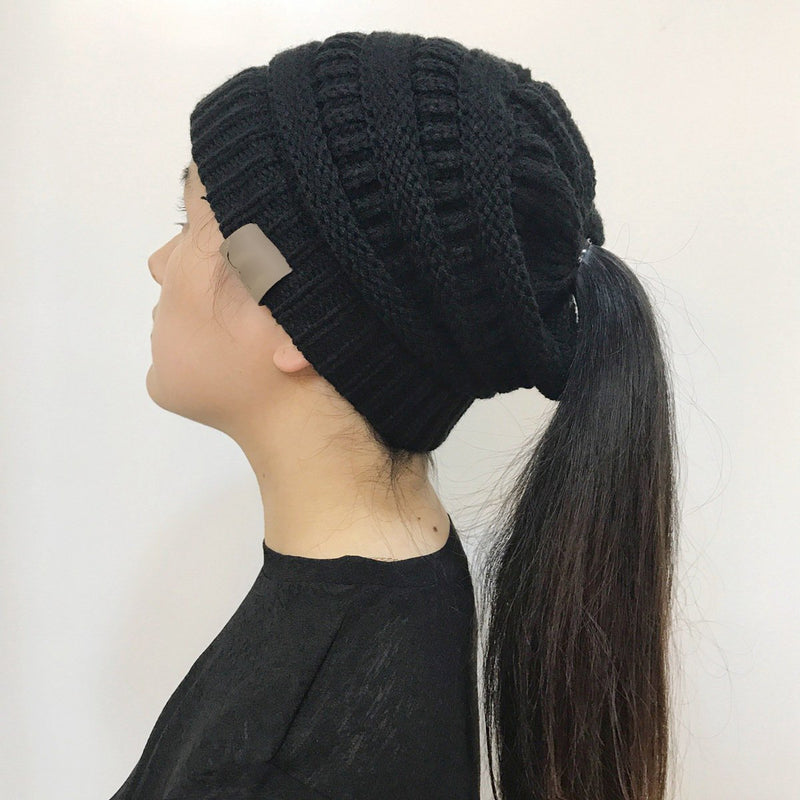 Women's Winter Outdoor Warm Wool Hat Empty Top Horsetail Knitted Hat