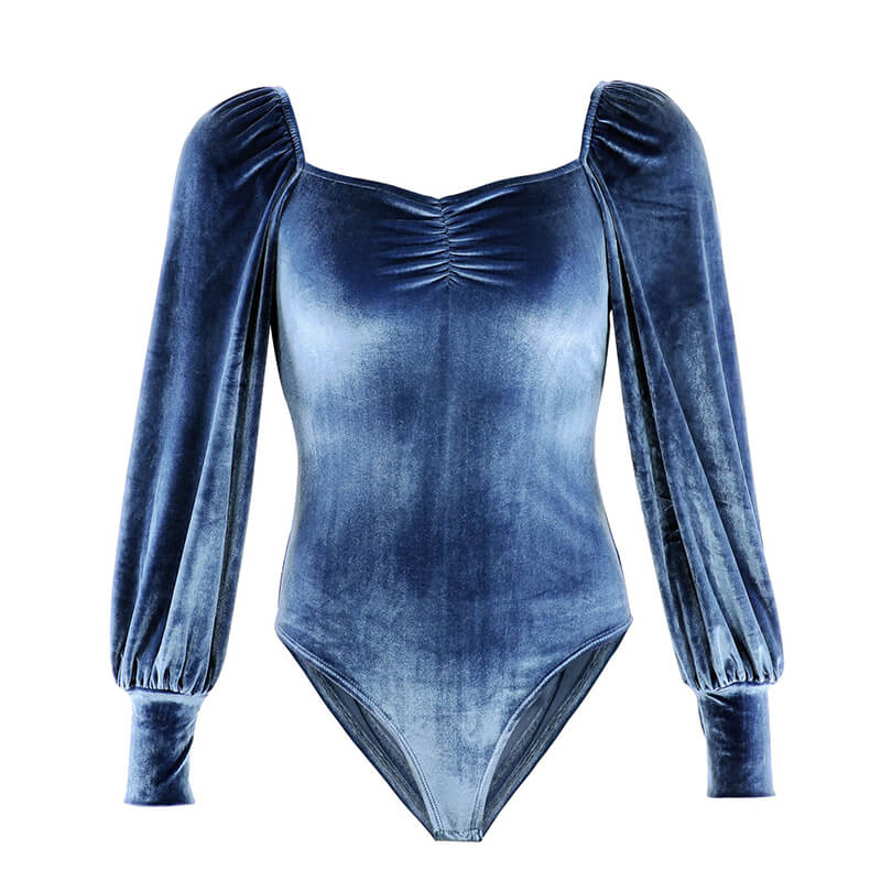 Blue Lace Up Velour Puff Long Sleeves Bodysuit