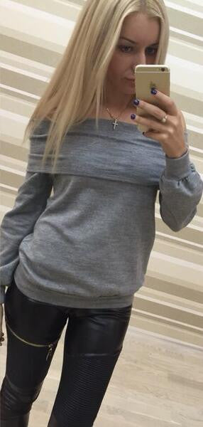 Off Shoulder Pure Color Long Sleeves Loose T-shrit Sweatshirt
