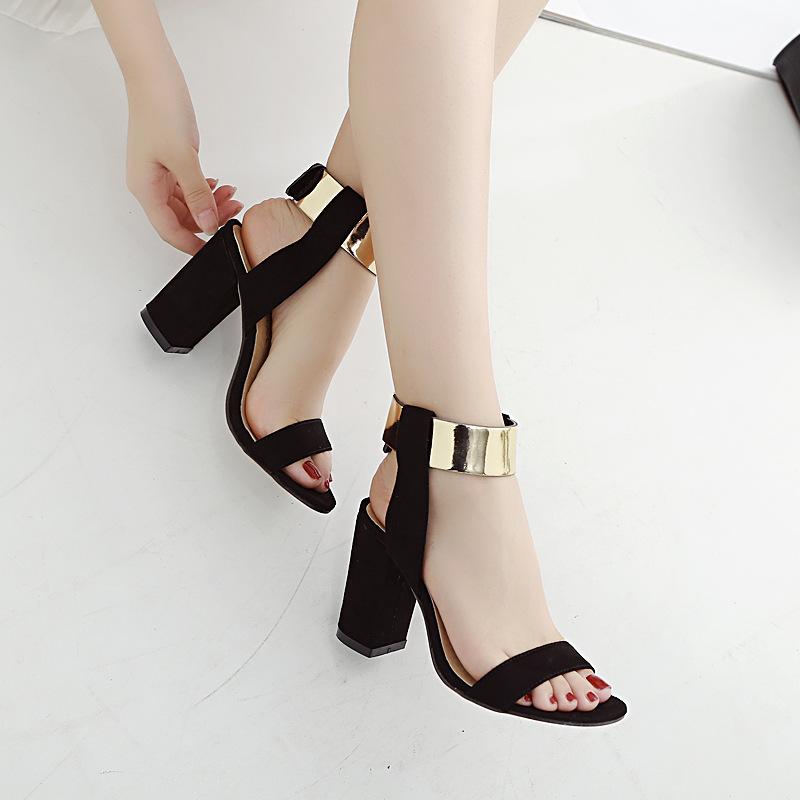 Shinning Gold Ankle Wrap Open Toe Chunky High Heels Sandals