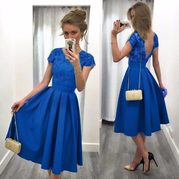 Splicing Solid Color Backless Short Sleeves Dress - May Your Fashion - 4