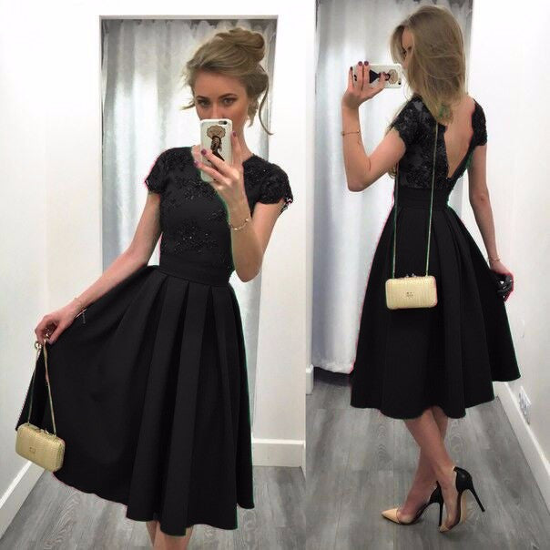 Splicing Solid Color Backless Short Sleeves Dress - May Your Fashion - 6
