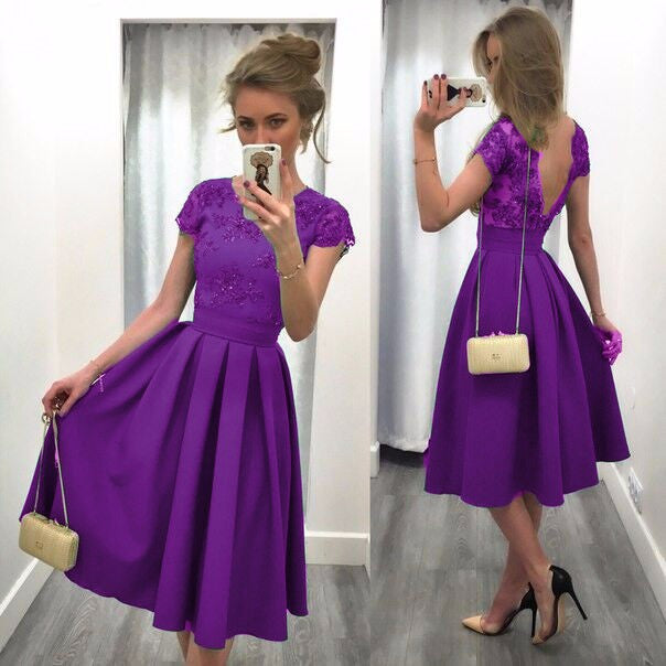 Splicing Solid Color Backless Short Sleeves Dress - May Your Fashion - 5