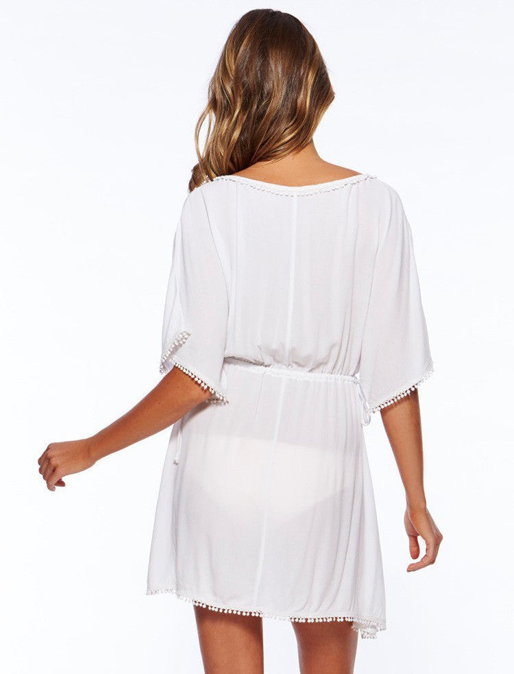 White Chiffon Halter V-neck Short Cover Up Dress