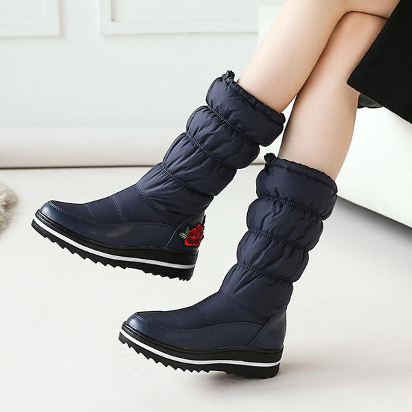 Embroidery Platform Flat Round Toe Mid Calf Boots