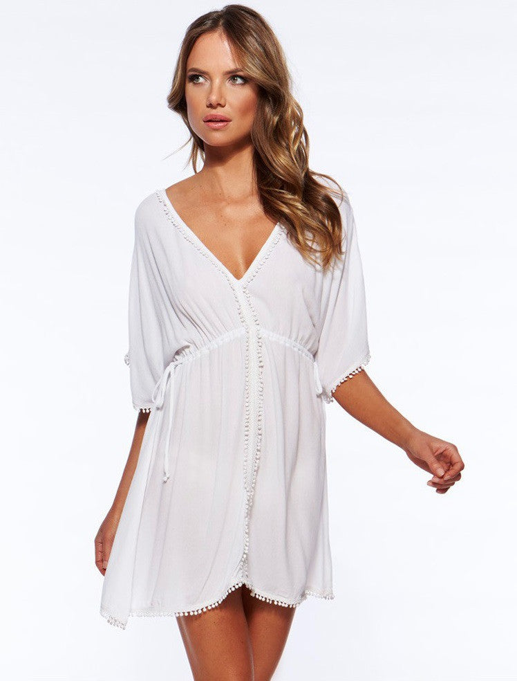 White Chiffon Halter V-neck Short Cover Up Dress