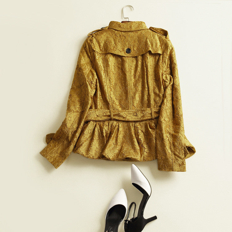 Lace Turn-down Collar Slim Short Coat With Belt
