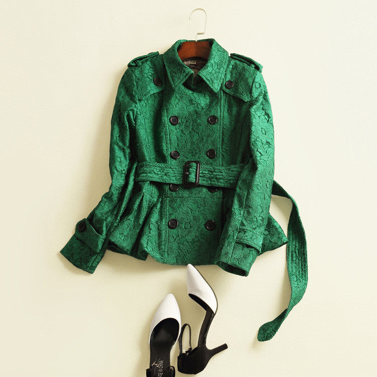 Lace Turn-down Collar Slim Short Coat With Belt