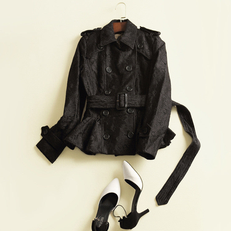 Lace Turn-down Collar Slim Short Coat With Belt