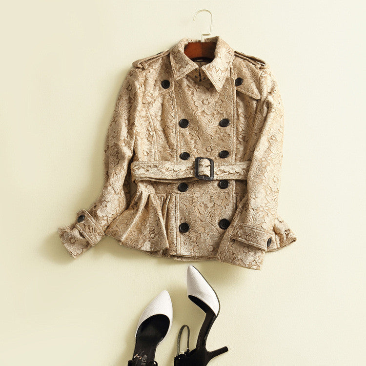 Lace Turn-down Collar Slim Short Coat With Belt