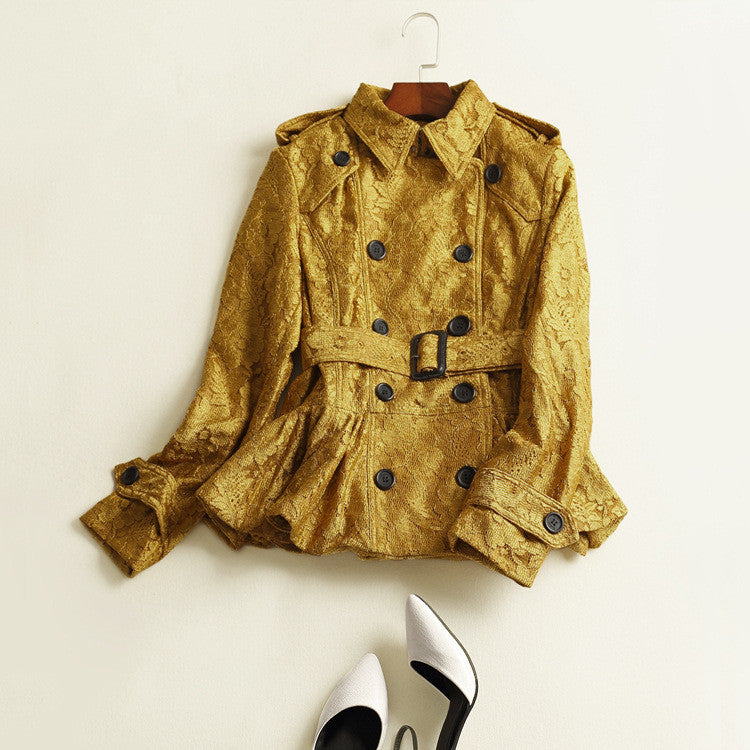 Lace Turn-down Collar Slim Short Coat With Belt