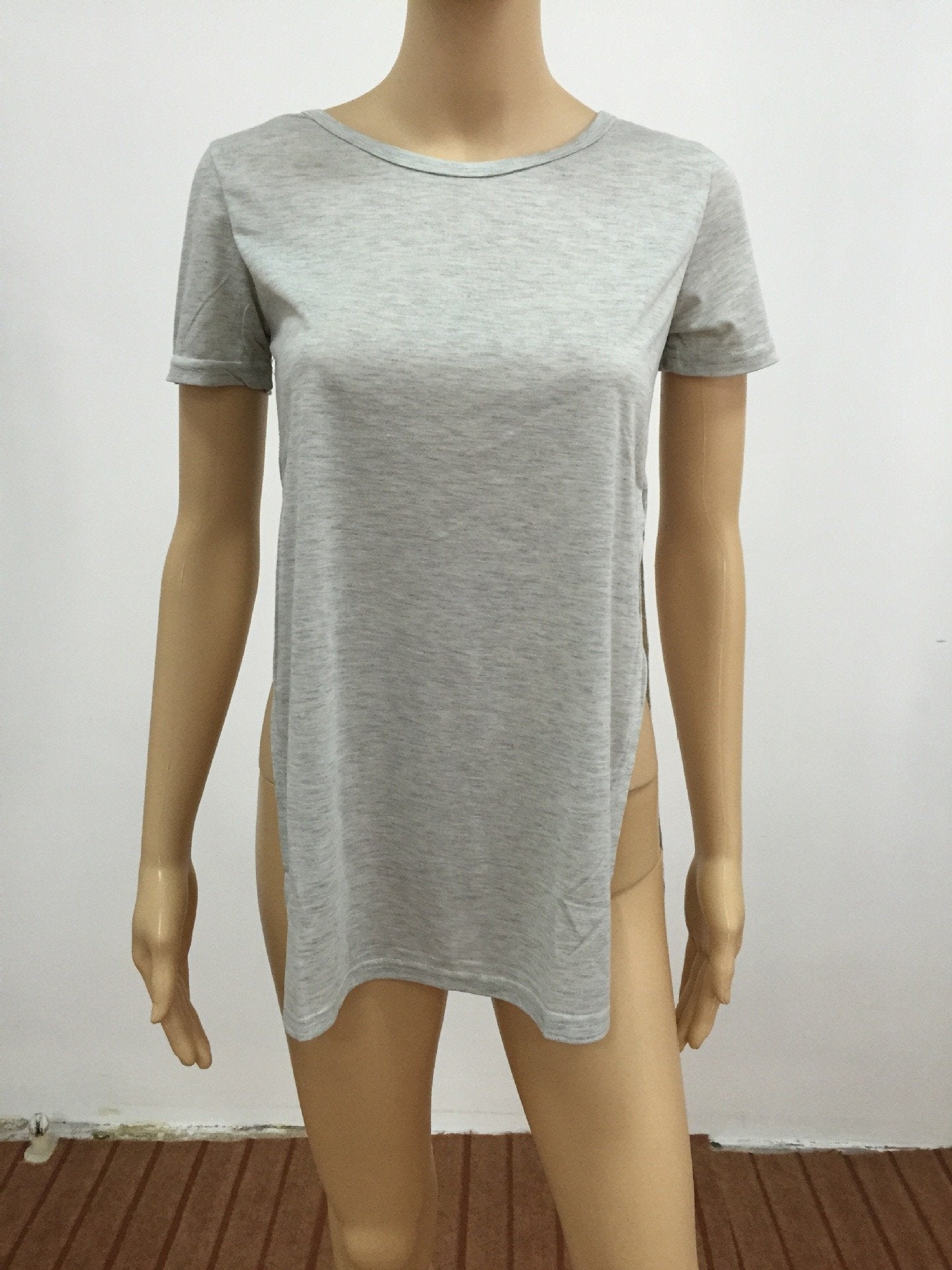 Pure Color Scoop Short Sleeve High Split Long T-shirt