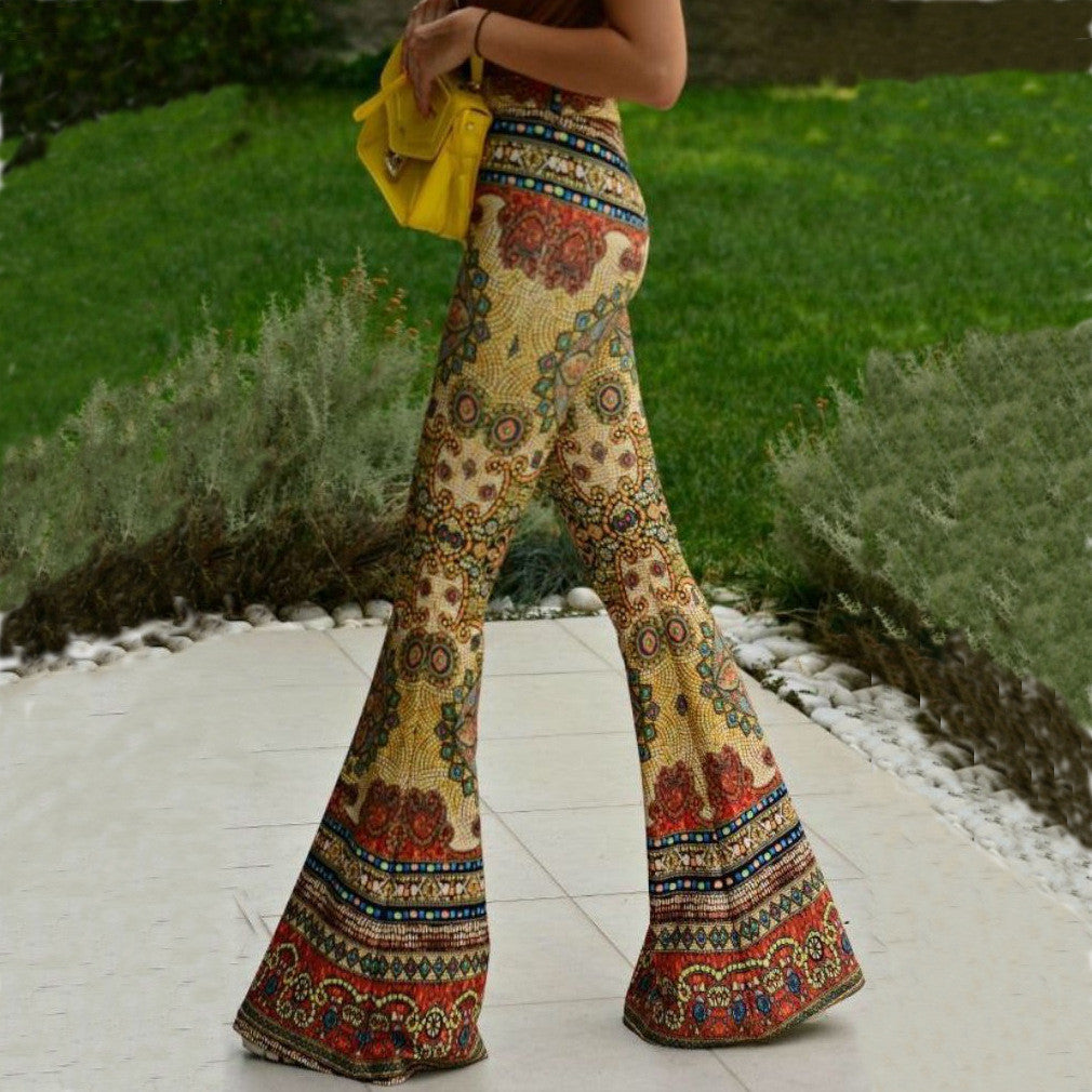 Skinny Flower Print Fashion Bell-bottom Retro Pants 