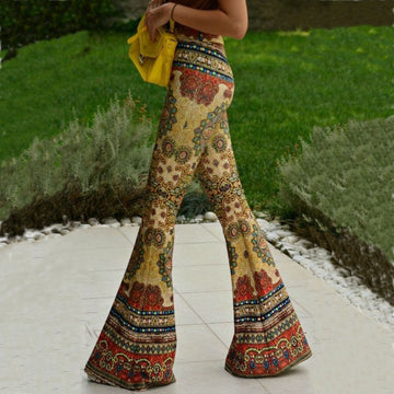 Skinny Flower Print Fashion Bell-bottom Retro Pants 