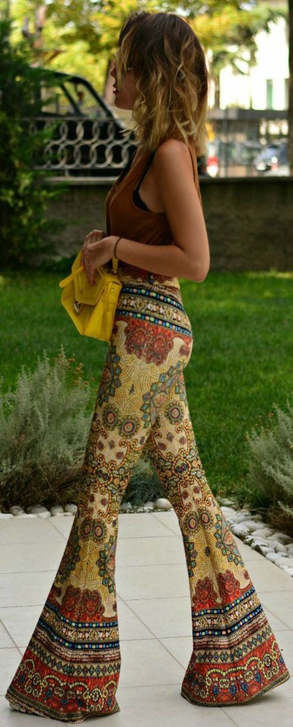 Skinny Flower Print Fashion Bell-bottom Retro Pants 