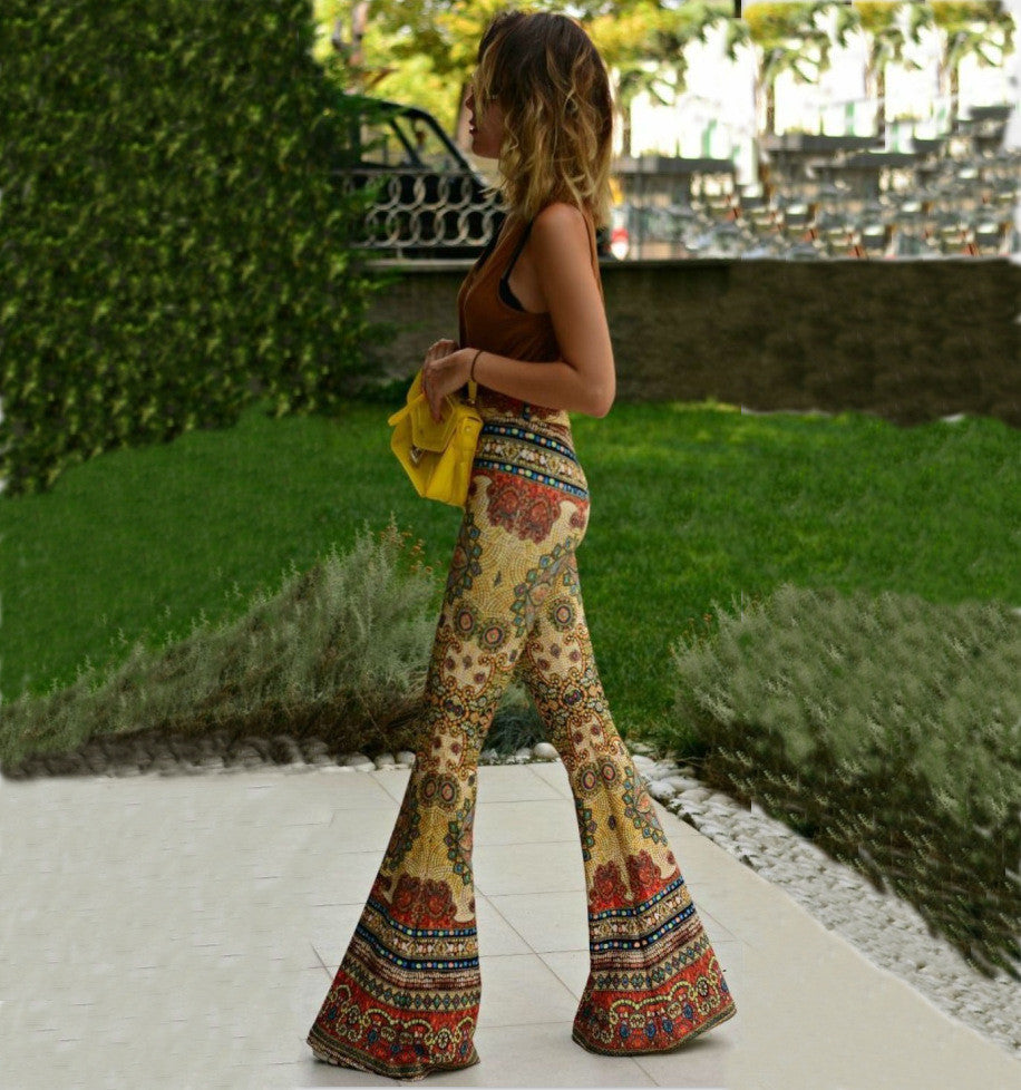 Skinny Flower Print Fashion Bell-bottom Retro Pants 