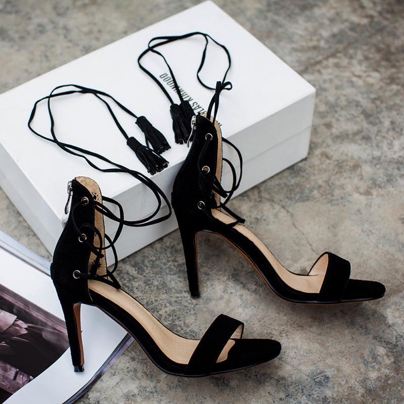 Suede Ankle Lace Up Tassel High Heeled Sandals