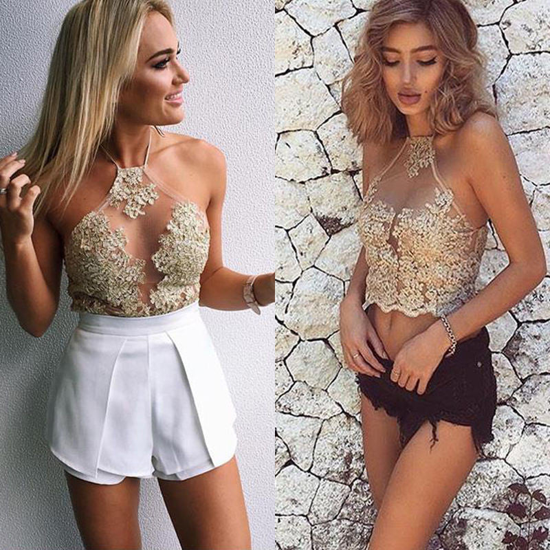 Halter Lace Transparent Sleeveless Backless Sheath Vest