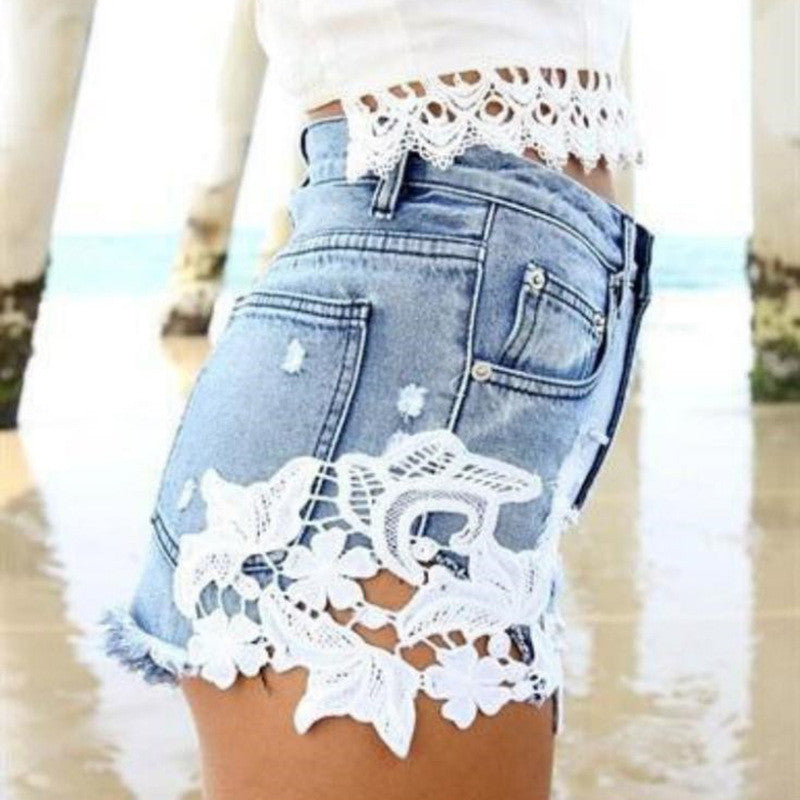 Lace Patchwork Sexy Short Tassel Rough Edges Denim Shorts
