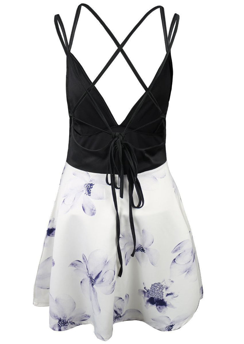 Spaghetti Strap V-neck Sleeveless Print Short Dress