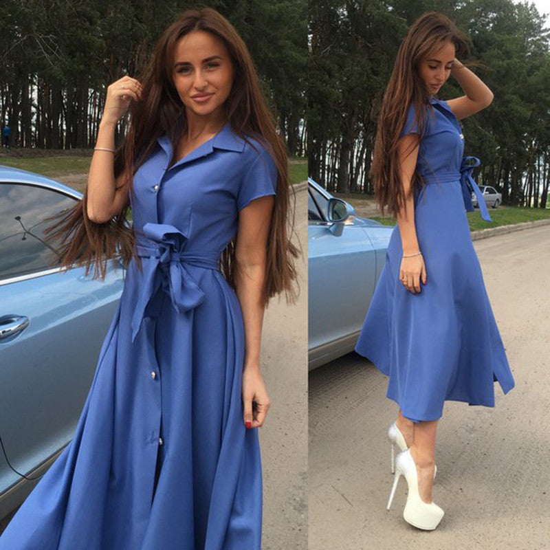 V-neck Short Sleeve Solid Lace Up Single Button Long Dress