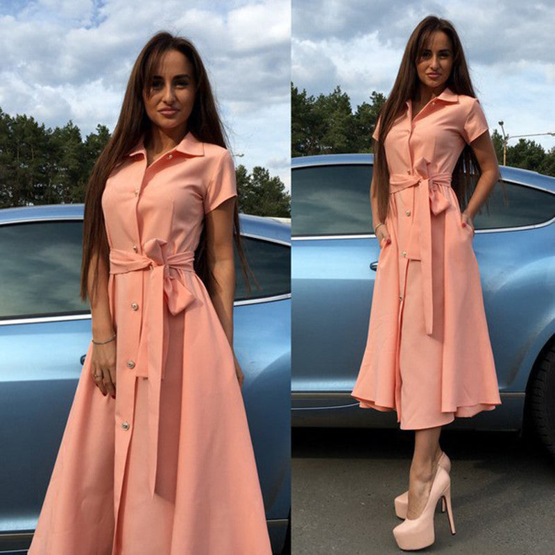 V-neck Short Sleeve Solid Lace Up Single Button Long Dress