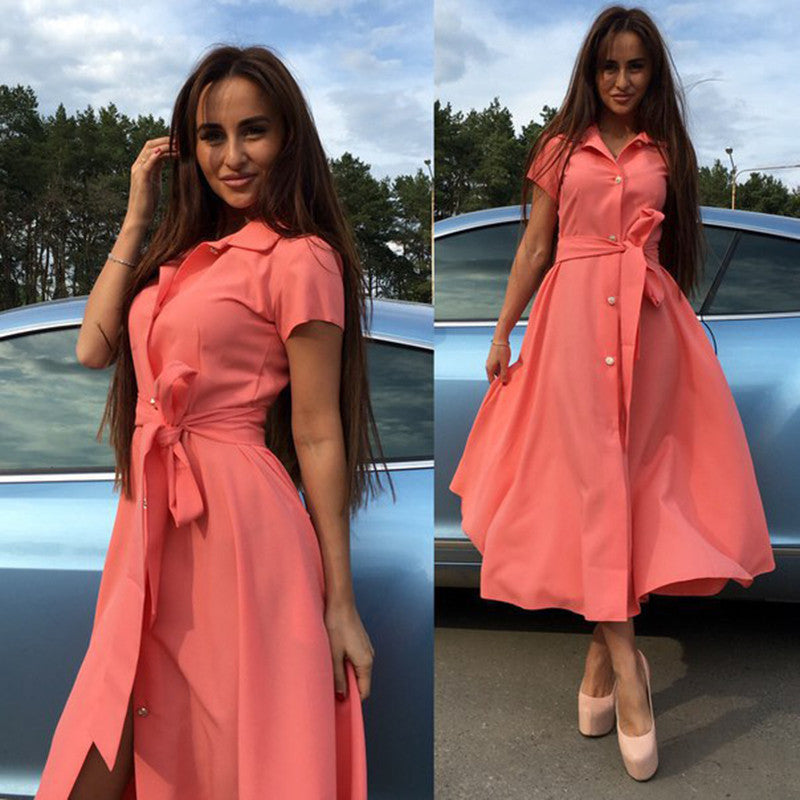 V-neck Short Sleeve Solid Lace Up Single Button Long Dress