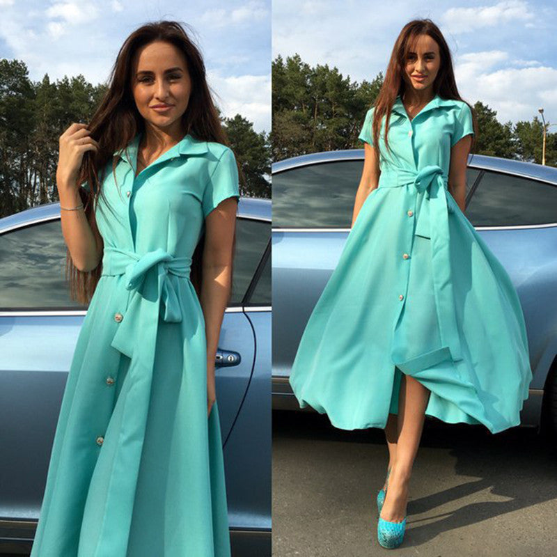 V-neck Short Sleeve Solid Lace Up Single Button Long Dress