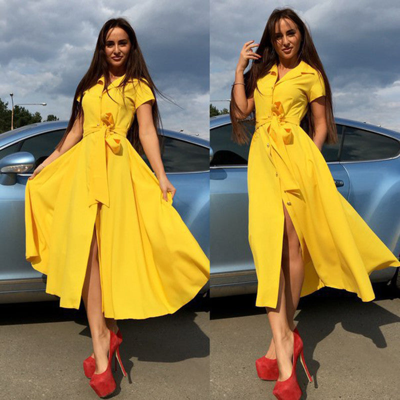 V-neck Short Sleeve Solid Lace Up Single Button Long Dress