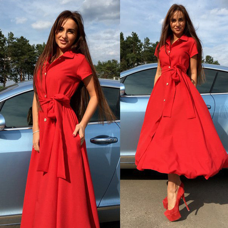 V-neck Short Sleeve Solid Lace Up Single Button Long Dress