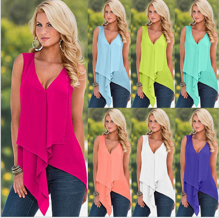 V-neck Sleeveless Drop Hem Pure Color Chiffon Blouse