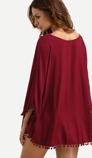 V-neck Bat-wing Sleeves Casual Embroidery Pure Color Blouse