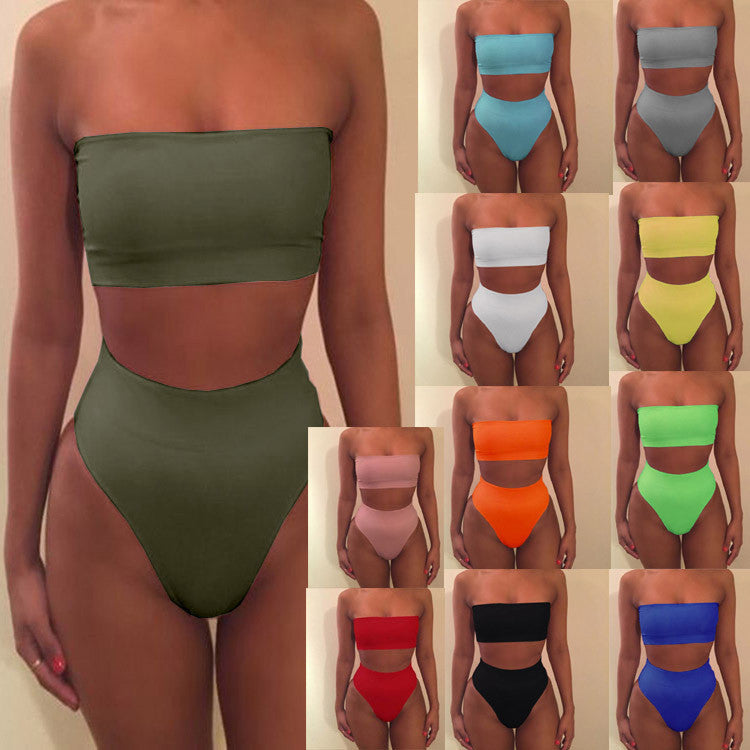 Strapless High Waist Pure Color Two Pieces Swimwear