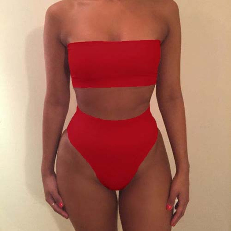 Strapless High Waist Pure Color Two Pieces Swimwear