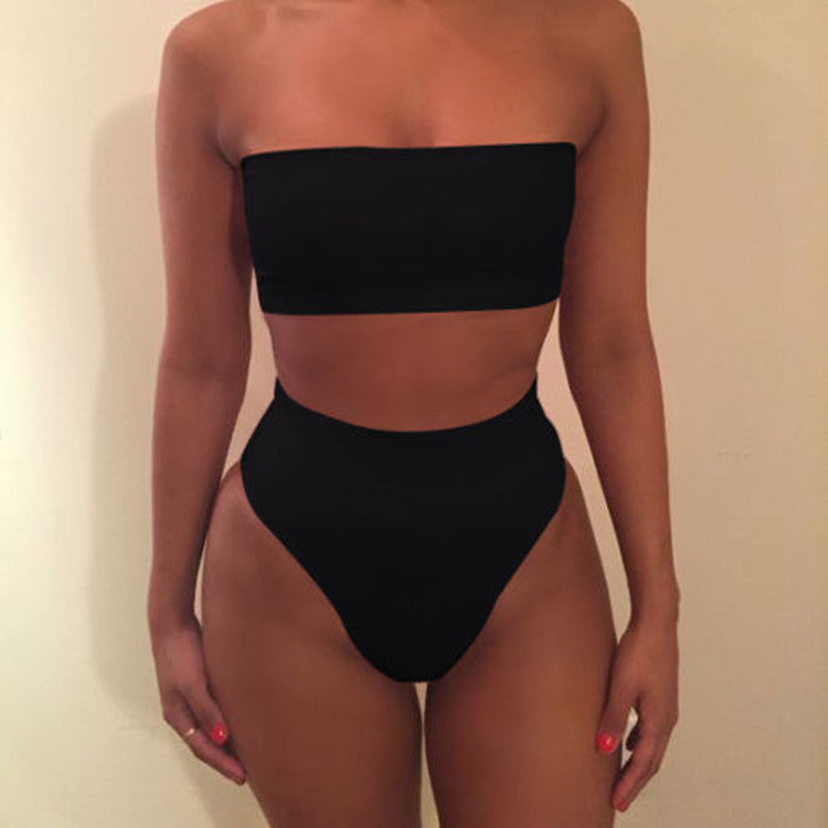 Strapless High Waist Pure Color Two Pieces Swimwear