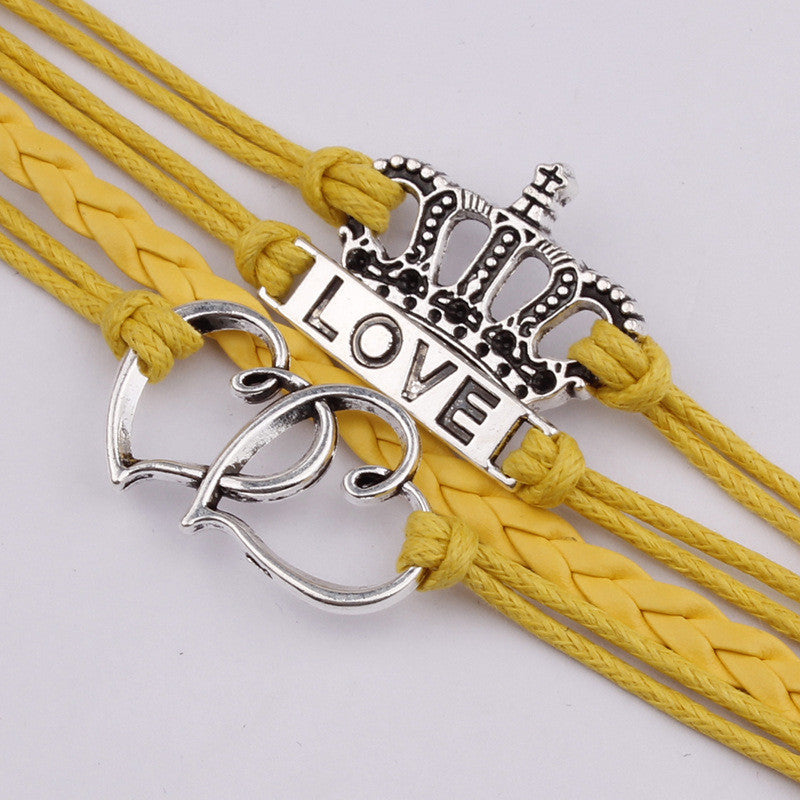 Double Heart Crown Love Leather Cord Bracelet