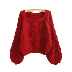 Cable Sleeve Coarse Yam Pure Color Pullover Sweater - May Your Fashion - 1