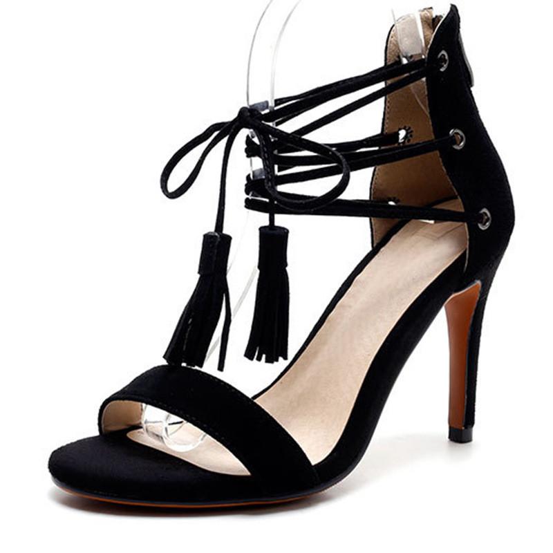 Suede Ankle Lace Up Tassel High Heeled Sandals