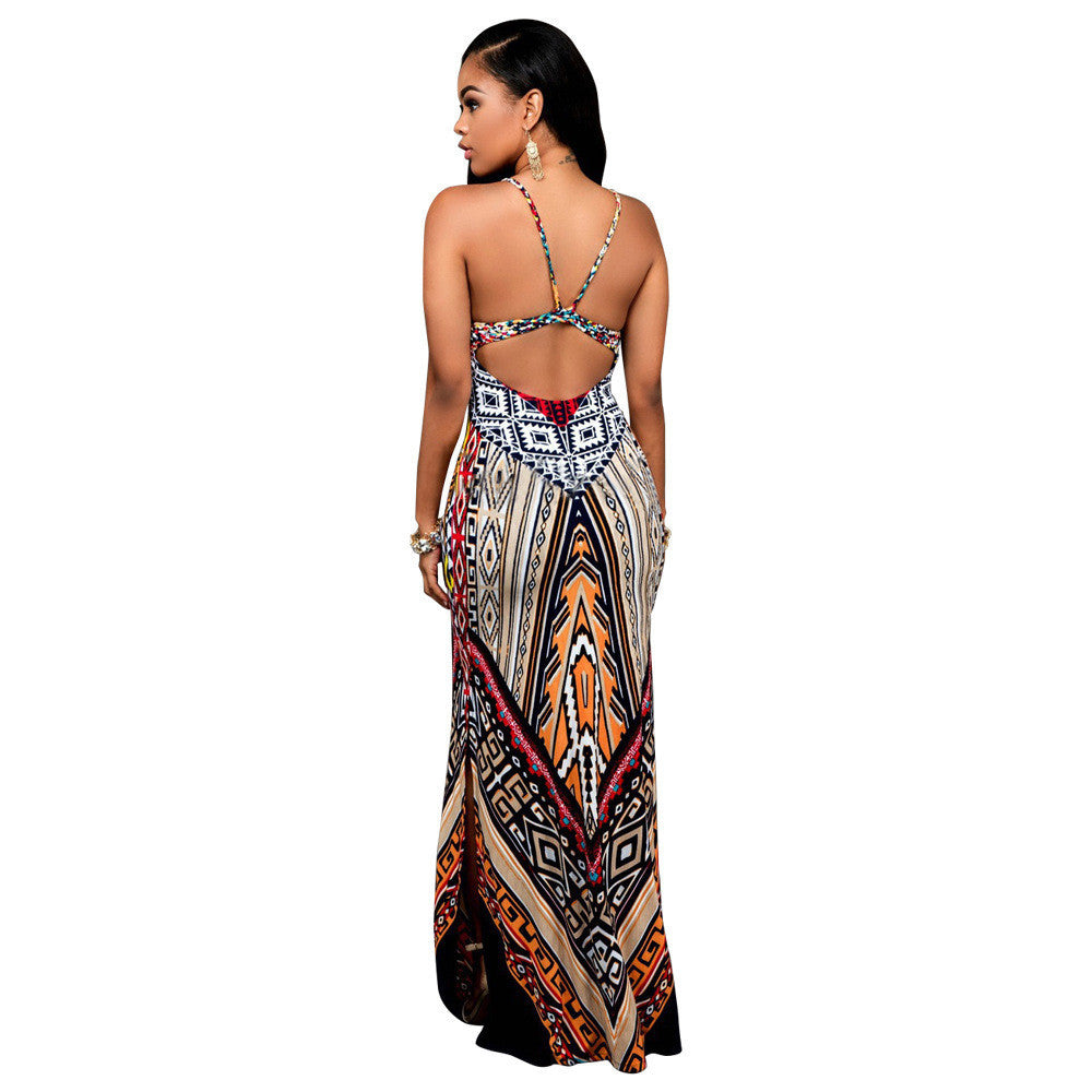 Sexy Spaghetti Strap Print Bodycon Long Dress