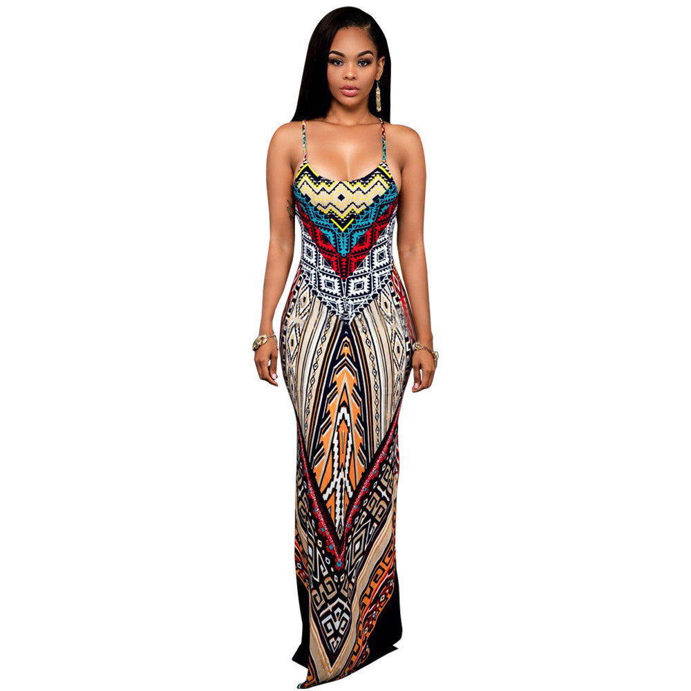 Sexy Spaghetti Strap Print Bodycon Long Dress