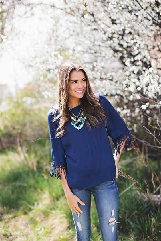Scoop 1/2 Tassel Sleeves Pure Color Chiffon Blouse