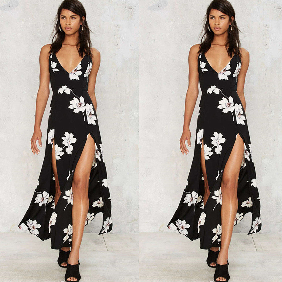 Print V-neck Back Cross Split Long Dress 