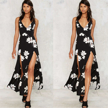 Print V-neck Back Cross Split Long Dress 