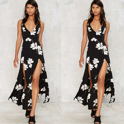 Print V-neck Back Cross Split Long Dress 